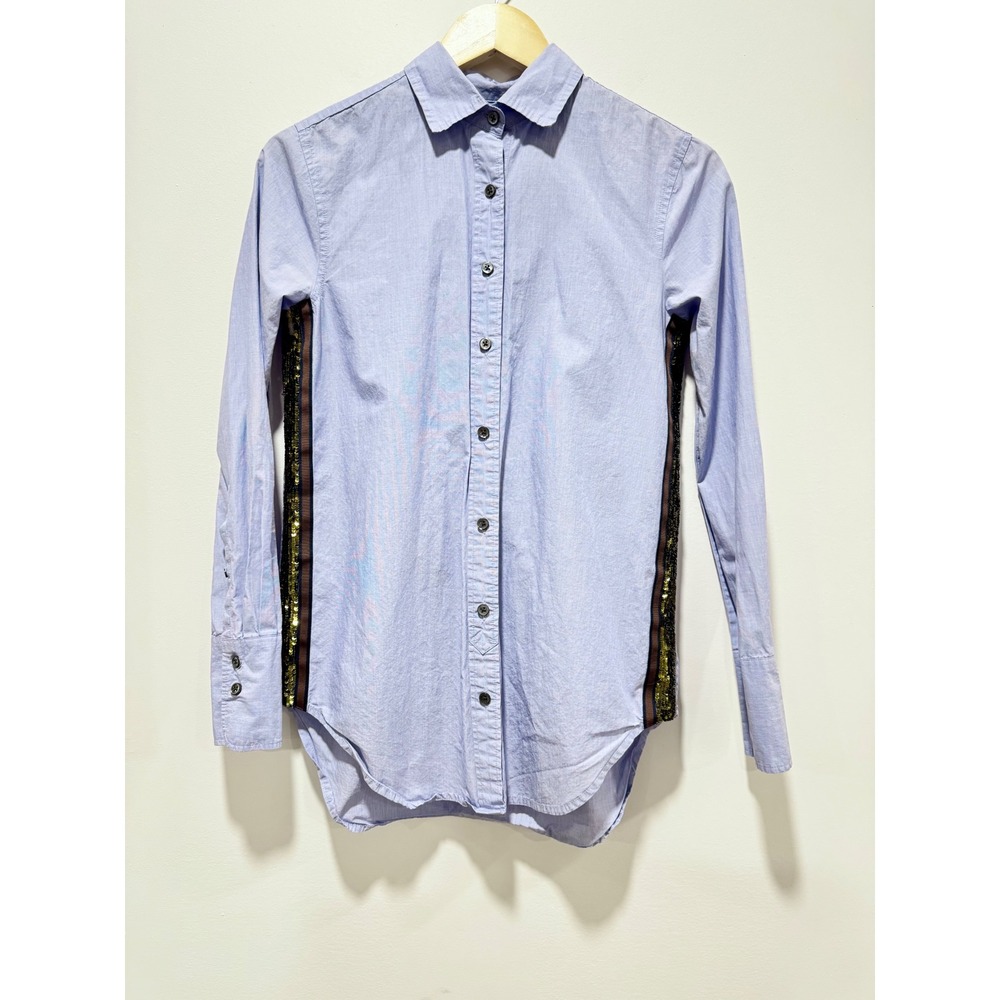 J.Crew Womens 100% Cotton Blue Sequin Side Stripe Button Down Shirt Size 00‎